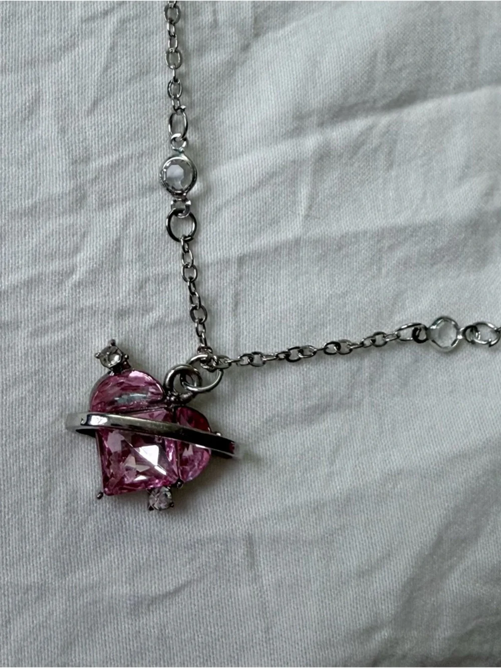 Brand New Y2K Magic Fantasy Silver Diamond Pink Heart Charm Pendant Necklace